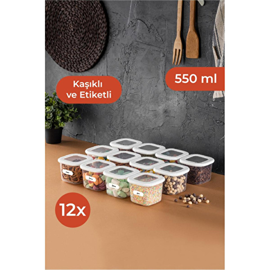 Vienev Foly 12'li Set Küçük Boy 0,55 Litre Etiketli Kaşıklı Kare Erzak Saklama Kabı Beyaz
