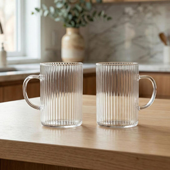 Vienev 2'li Çizgili Desenli Kulplu Cam Bardak - 200 Ml Cam Çay Bardağı