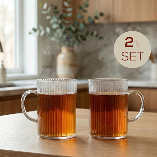 Vienev 2'li Çizgili Desenli Kulplu Cam Bardak - 200 Ml Cam Çay Bardağı