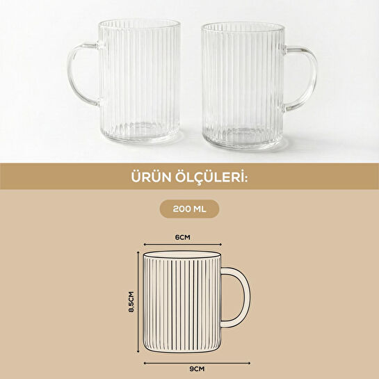 Vienev 2'li Çizgili Desenli Kulplu Cam Bardak - 200 Ml Cam Çay Bardağı