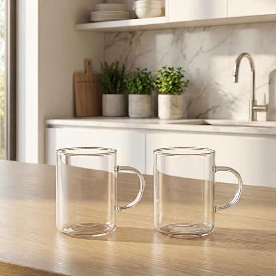 Vienev 2'li Isıya Dayanıklı Borosilikat Cam Kupa Bardağı