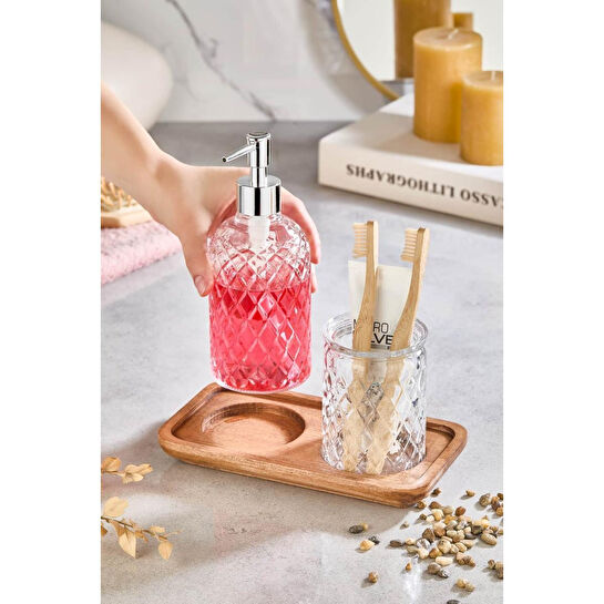 Lora Bianca Paku Cam Sıvı Sabunluk, Diş Fırçalık Ve Ahşap Stand - 3 Parça Banyo Seti Şeffaf