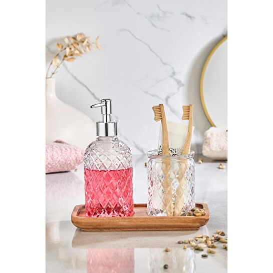 Lora Bianca Paku Cam Sıvı Sabunluk, Diş Fırçalık Ve Ahşap Stand - 3 Parça Banyo Seti Şeffaf