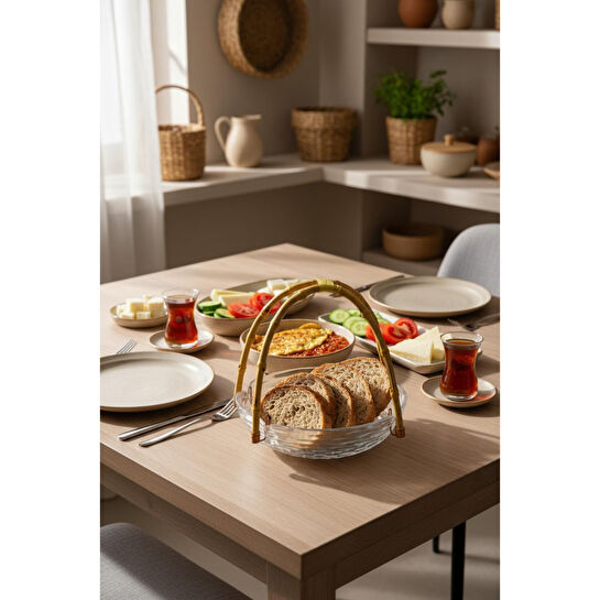 Bambum Cestino Bambu Kulplu Cam Yuvarlak Sunum Tabağı Dalgalı Desen