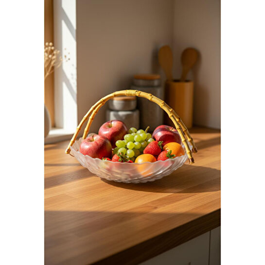 Bambum Cestino Bambu Kulplu Cam Dikdörtgen Sunum Tabağı Kabartmalı Desen