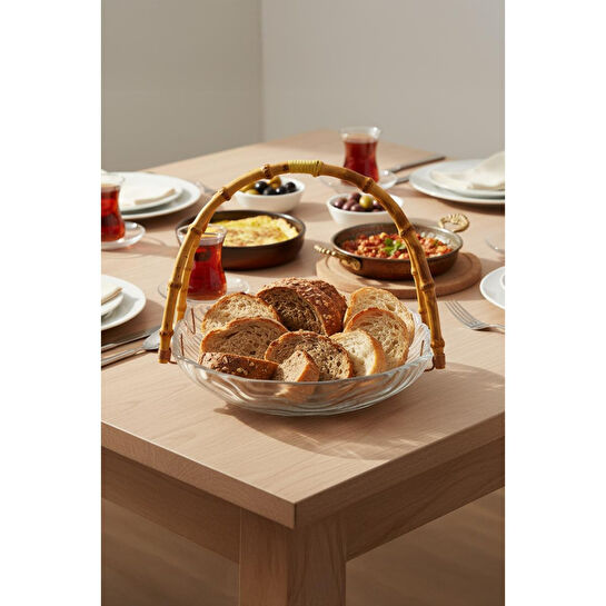 Bambum Cestino Bambu Kulplu Cam Dikdörtgen Sunum Tabağı Dalgalı Desen