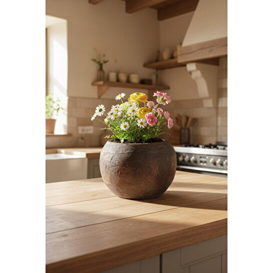 Bambum Chalia Mini Saksı Otantik Eskitme Efektli Doğal Oyma Pavlonya Ağaç Saksı Bahex B1635