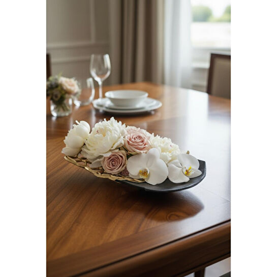 Cornella Pillar Antik Gold Siyah Metal Tabak En:27 Cm X Boy:47 Cm