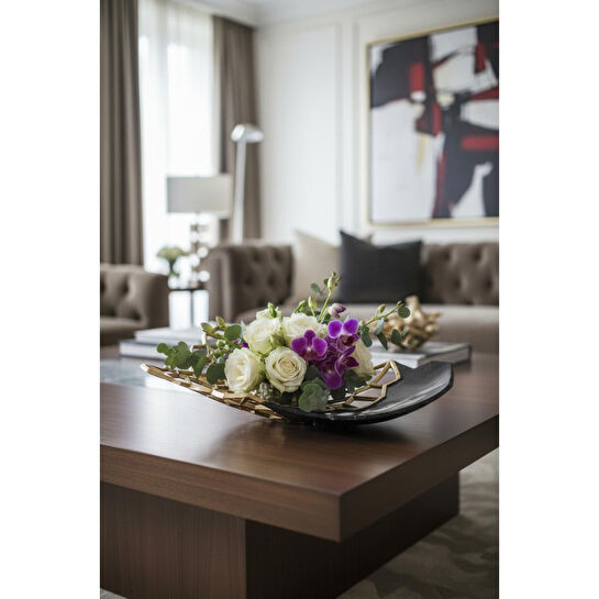 Cornella Pillar Antik Gold Siyah Metal Tabak En:27 Cm X Boy:47 Cm