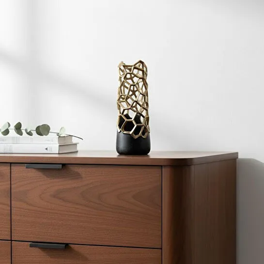 Cornella Pillar Antik Gold Siyah Metal Vazo Ağız:11 Cm X Boy:25 Cm