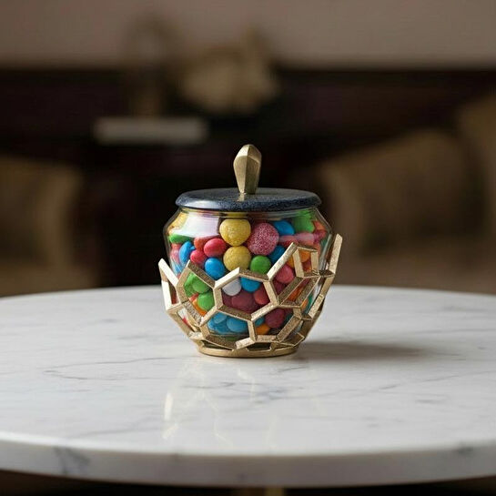 Cornella Pillar Antik Gold Gri Ombreli Cam Kavanoz Küçük Ağız:11 Cm X Boy:15 Cm X Tümü:19 Cm