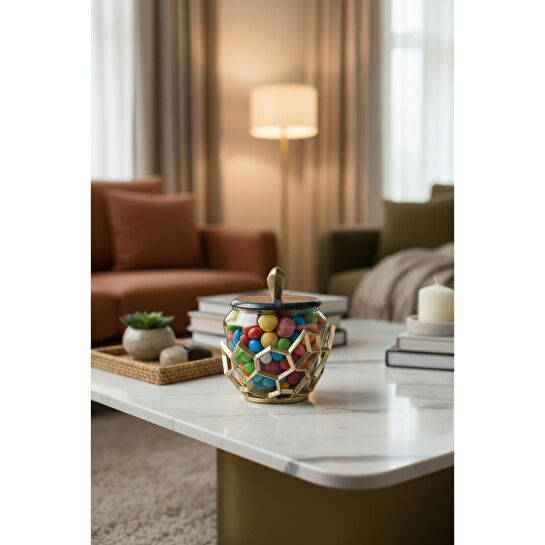 Cornella Pillar Antik Gold Gri Ombreli Cam Kavanoz Küçük Ağız:11 Cm X Boy:15 Cm X Tümü:19 Cm