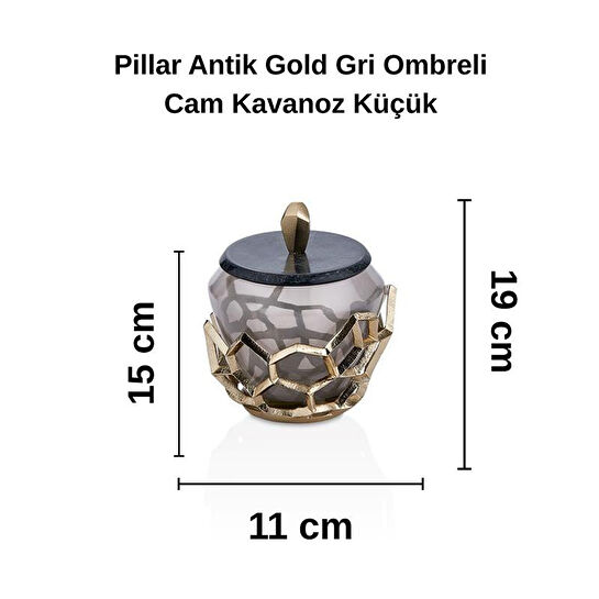 Cornella Pillar Antik Gold Gri Ombreli Cam Kavanoz Küçük Ağız:11 Cm X Boy:15 Cm X Tümü:19 Cm
