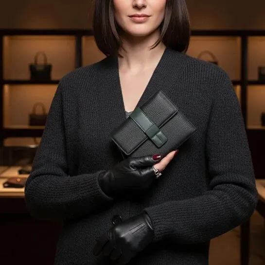 Bloominbag Liora Colorband Deri Kadın Cüzdan – Siyah & Zümrüt Yeşili