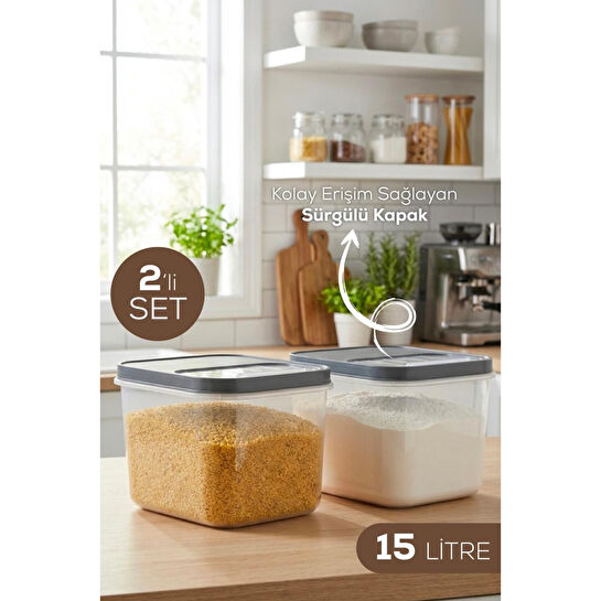 Vienev 2'li 15 Litre Sürgülü Kapaklı Çok Amaçlı Un Bakliyat Erzak Saklama Kabı
