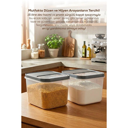 Vienev 2'li 15 Litre Sürgülü Kapaklı Çok Amaçlı Un Bakliyat Erzak Saklama Kabı