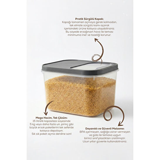 Vienev 2'li 15 Litre Sürgülü Kapaklı Çok Amaçlı Un Bakliyat Erzak Saklama Kabı