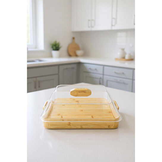 Bambum Modica Akrilik Kapaklı Bambu Kek Fanusu Kare Büyük