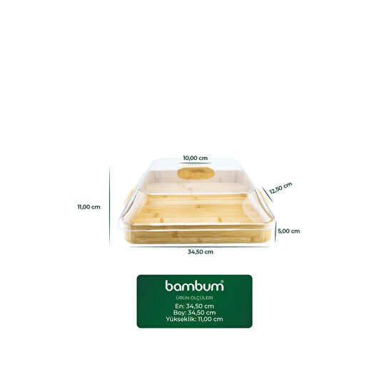 Bambum Modica Akrilik Kapaklı Bambu Kek Fanusu Kare Büyük