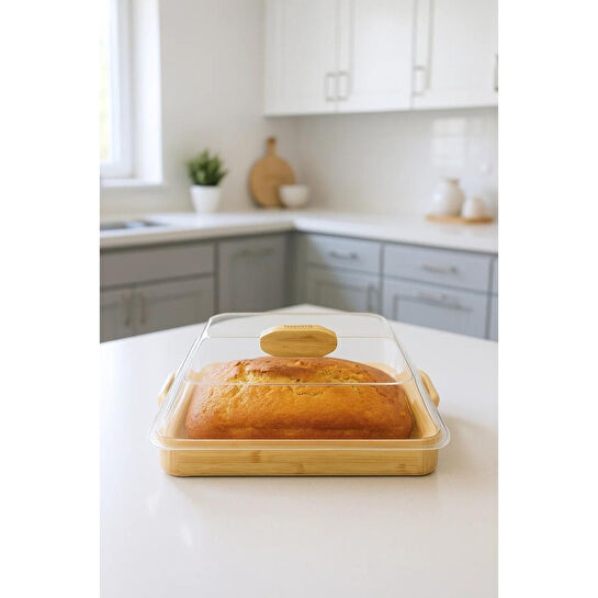 Bambum Modica Akrilik Kapaklı Bambu Kek Fanusu Kare Büyük