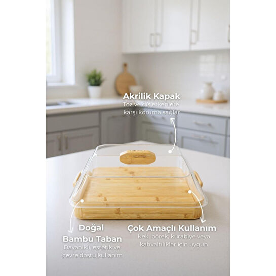 Bambum Modica Akrilik Kapaklı Bambu Kek Fanusu Kare Büyük