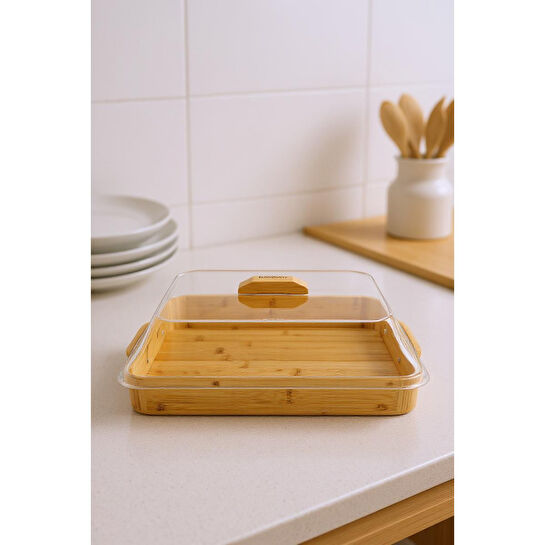 Bambum Modica Akrilik Kapaklı Bambu Kek Fanusu Dikdörtgen Küçük