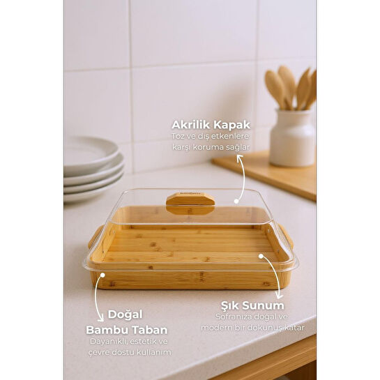 Bambum Modica Akrilik Kapaklı Bambu Kek Fanusu Dikdörtgen Küçük