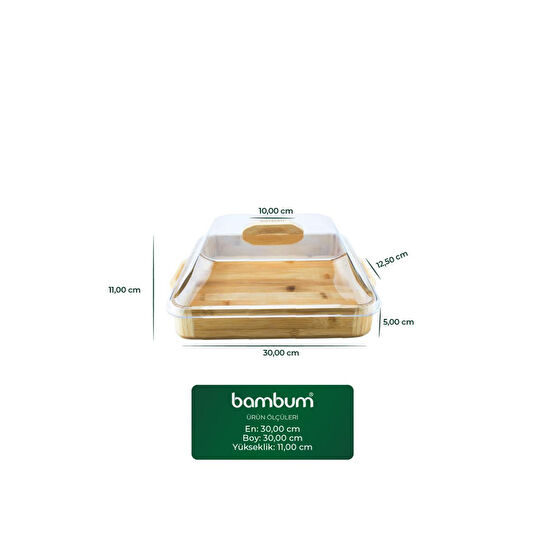 Bambum Modica Akrilik Kapaklı Bambu Kek Fanusu Kare Küçük