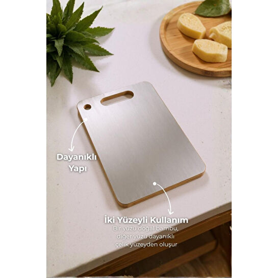 Bambum Stan Çift Yüzey Bambu Ve Çelik Kesme Tahtası Büyük