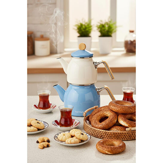 Bambum Nostalji Ahşap Kulplu Çaydanlık Takımı Mavi