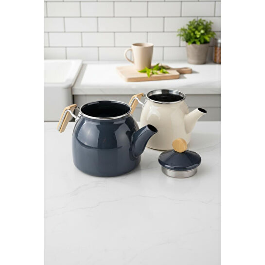 Bambum Nostalji Ahşap Kulplu Çaydanlık Takımı Koyu Gri