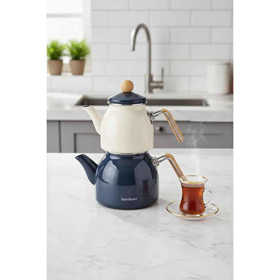 Bambum Nostalji Ahşap Kulplu Çaydanlık Takımı Koyu Gri