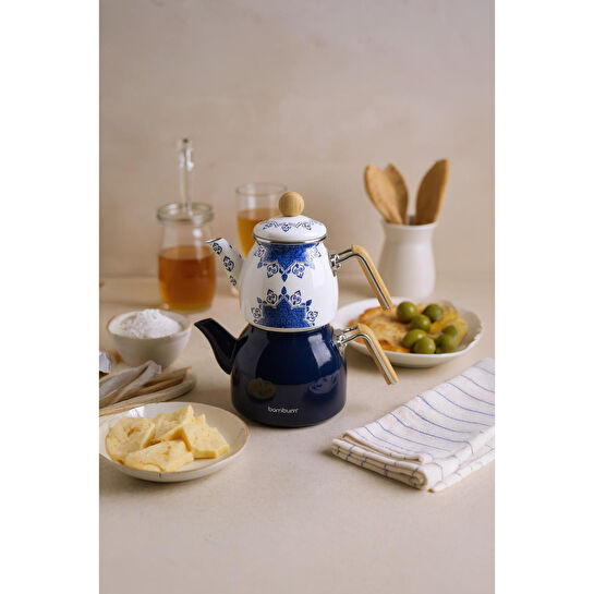 Bambum Unique Bambu Kulplu Emaye Çaydanlık Takımı Lacivert