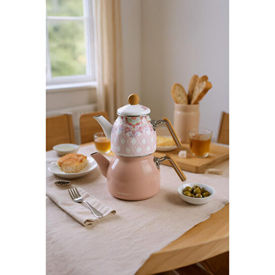 Bambum Unique Bambu Kulplu Emaye Çaydanlık Takımı Pembe