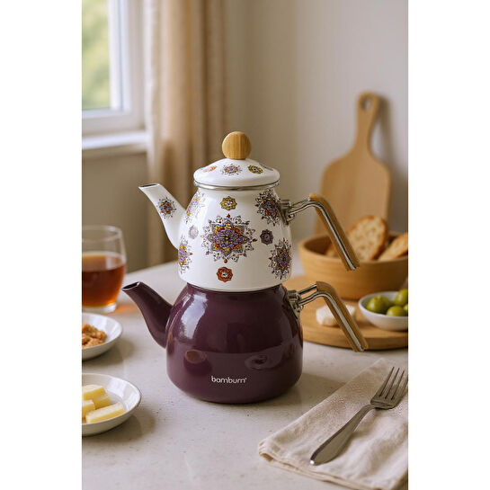 Bambum Unique Bambu Kulplu Emaye Çaydanlık Takımı Mor