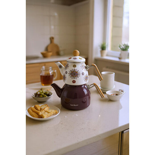 Bambum Unique Bambu Kulplu Emaye Çaydanlık Takımı Mor