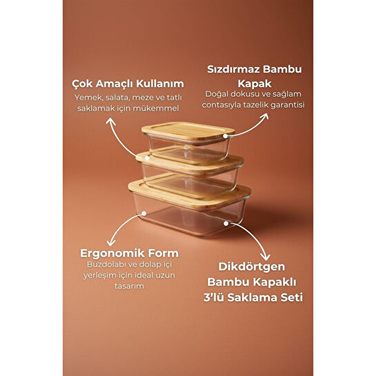 Bambum Lavi Dikdörtgen 3'lü Set Bambu Saklama Kapları