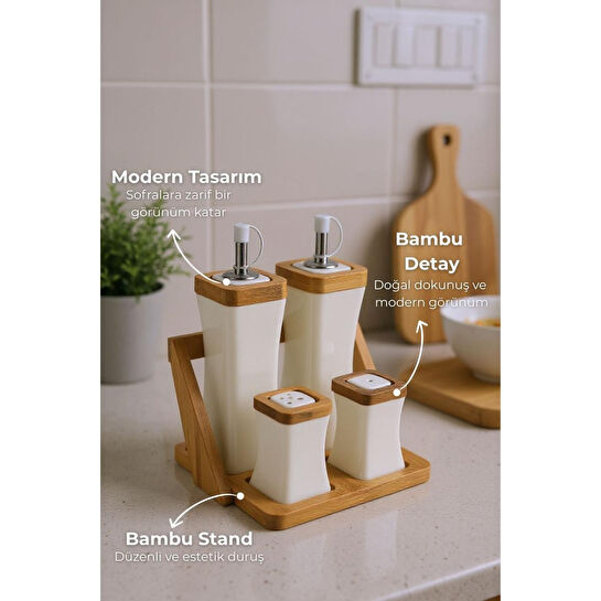 Bambum Shaggy Bambu Standlı Yağlık Sirkelik Tuzluk Ve Biberlik