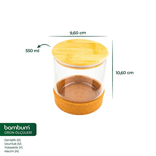 Bambum Corki - Mantar Altlıklı Cam Saklama Kabı 550 Ml