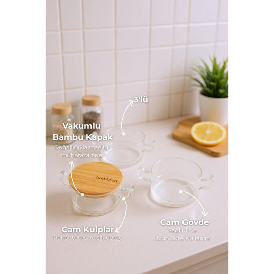 Bambum Modena 3'lü Bambu Kapaklı Cam Saklama Kabı