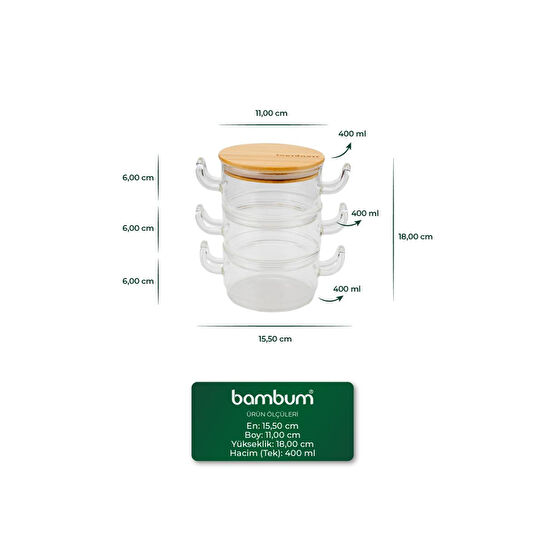 Bambum Modena 3'lü Bambu Kapaklı Cam Saklama Kabı