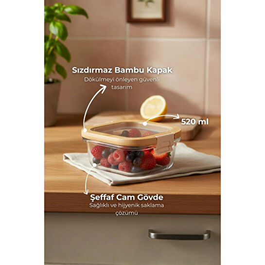 Bambum Poira Cam Kapaklı Kilitli Cam Saklama Kabı 520 Ml