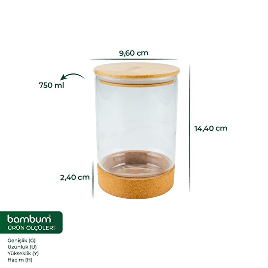 Bambum Corki - Mantar Altlıklı Cam Saklama Kabı 750ml