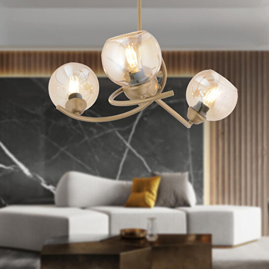 Apliqa Pireal 3'lü Yuvarlak Eskitme Bal Camlı Modern Oturma Odası Salon Avize