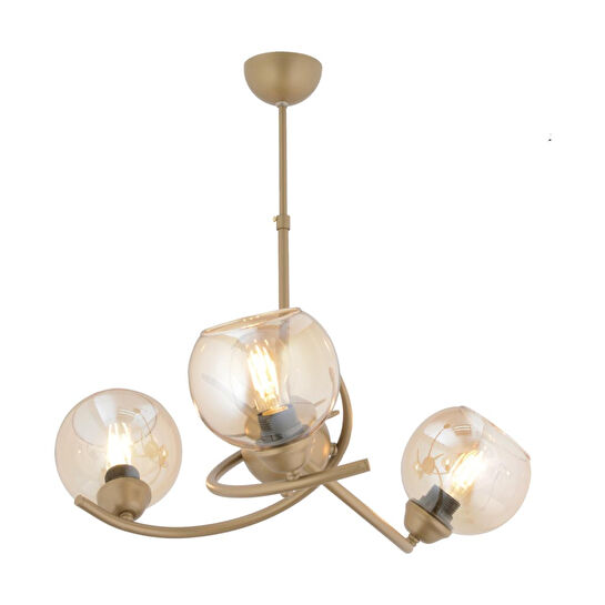 Apliqa Pireal 3'lü Yuvarlak Eskitme Bal Camlı Modern Oturma Odası Salon Avize