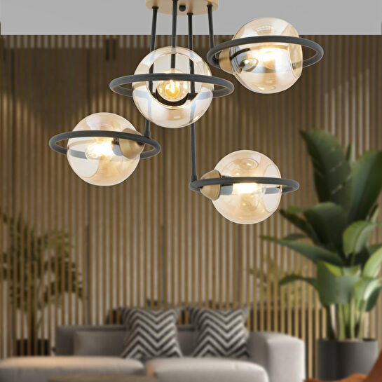 Apliqa Becca 4'lü Siyah Eskitme Bal Camlı Top Avize Modern Oturma Odası Salon Avize