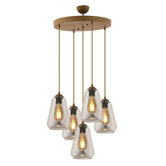 Apliqa Rita 5'li Yuvarlak Eskitme Füme Camlı Modern Salon Sarkıt Avize