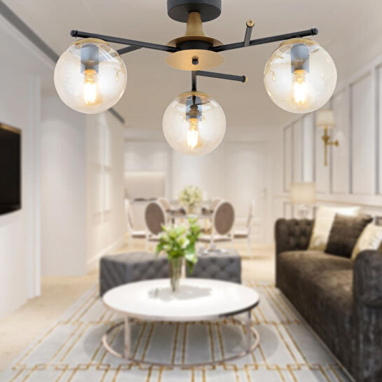 Apliqa Peyda 3'lü Siyah Eskitme Bal Camlı Modern Koridor Yatak Odası Salon Avize