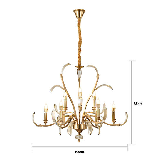 Apliqa Ronja 9'lu Bakır Eskitme Kristal Taşlı Avangart Salon Avize