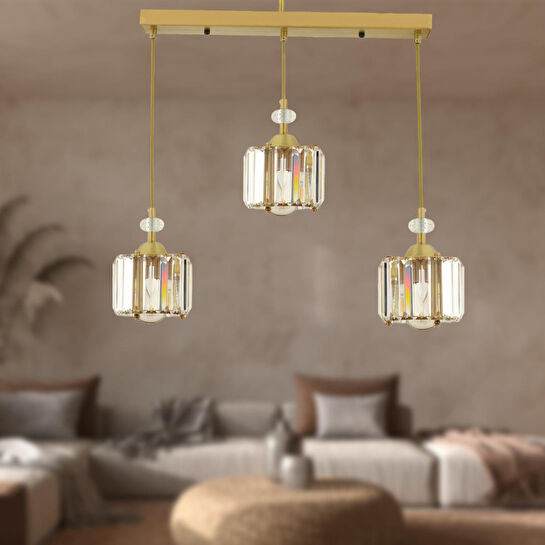 Apliqa Bonita Eskitme 3 Lü Sıralı Kristalli Taşlı Modern Tasarım Kristal Salon Sarkıt Avize